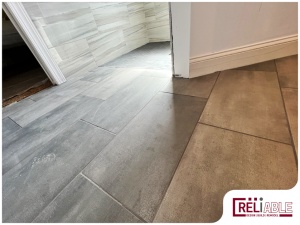 Curbless shower without a door installed, showcasing the seamless floor.